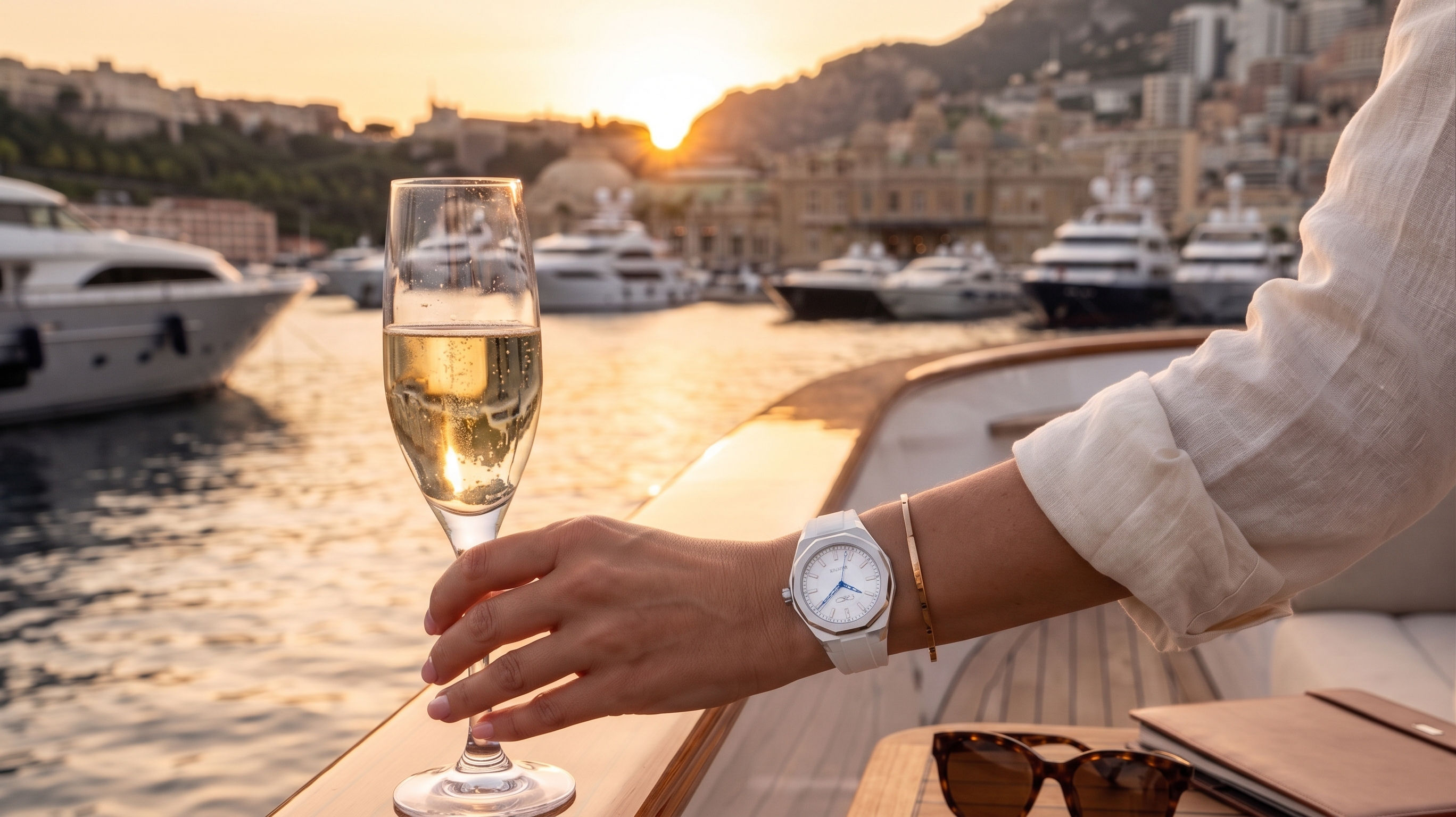 Aeon 001 Monaco ao leme, na baía de Monte Carlo